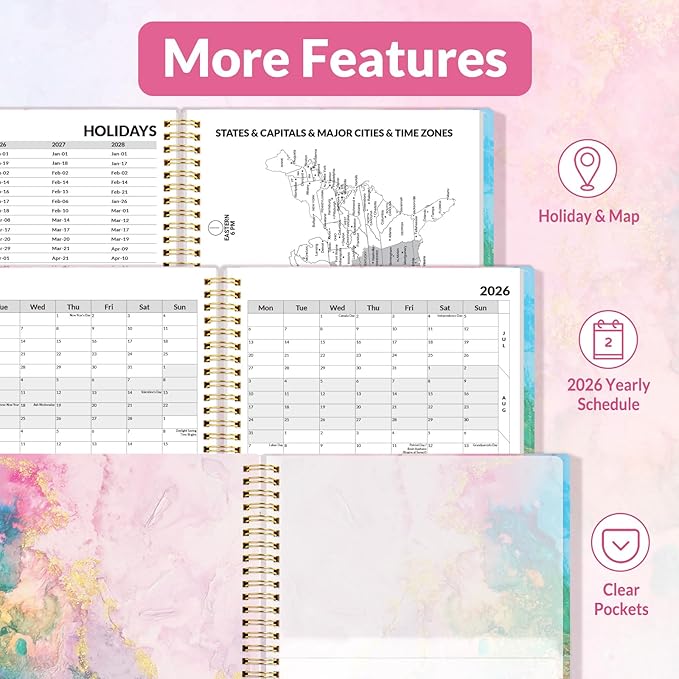 SUNEE 2026 Weekly and Monthly Planner - from January 2026 - December 2026, 8.5"x11" Daily Agenda Planner with Monthly Tab, Flexible Cover, Note Pages, Pockets, Bookmark, Spiral Binding, Pink Marble
