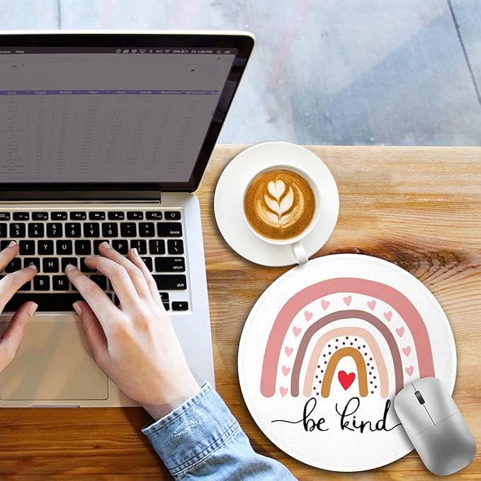 Rainbow Be Kind Round Mouse Pad, Small Mouse Pad with Non-Slip Rubber Base, Stitched Edge Mousepad for Desk Wireless Mouse, Gaming Mouse Mat for Computer Laptop Office Home Women, 8.6 x 8.6 Inch