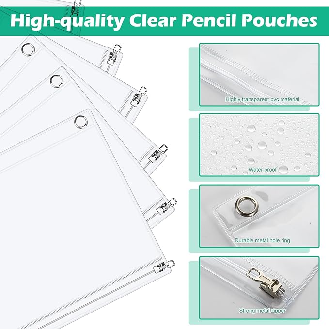 Lincia 12 Pack Clear Pencil Pouch for 3 Ring Binder Pencil Case with Metal Zipper 3 Ring Binder Pocket Inserts Bag 10 x 7'' Visible Cash Envelope with Re-enforced Grommet for College Office Supplies