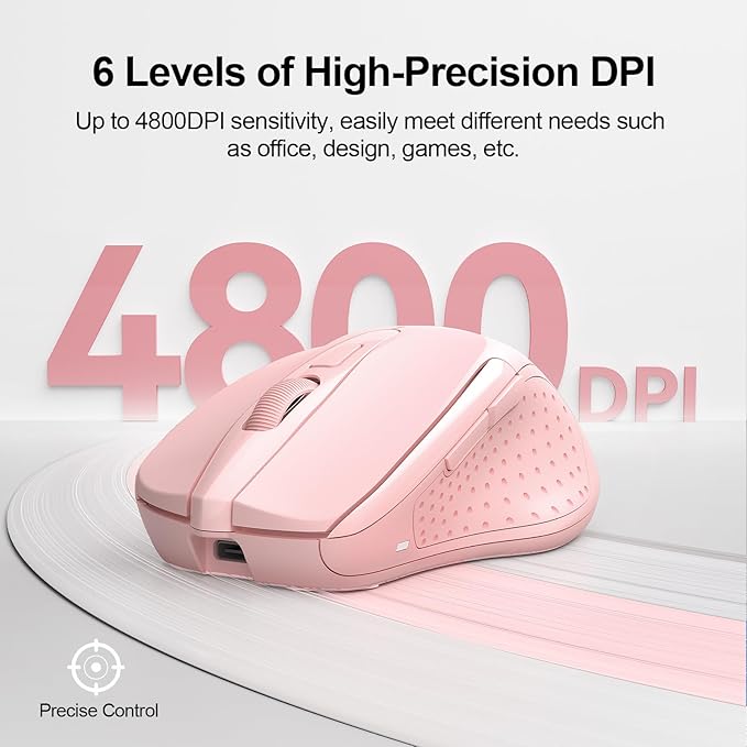 TECKNET Wireless Mouse (BT5.0/3.0 & 2.4G) Rechargeable 4800 DPI Silent USB A & Bluetooth Mouse 6 Buttons, Wide Compatibility - Pink