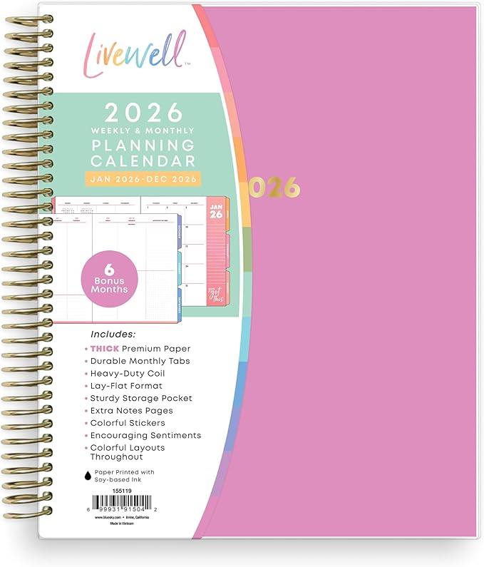 Blue Sky Livewell 2026 Weekly and Monthly Planner Calendar, January 2026 - December 2026, 7" x 9", Flexible Laminated Cover, Heavy Duty Coil Binding, Colorful Premium Paper, Includes Storage Pocket, Stickers, Magenta