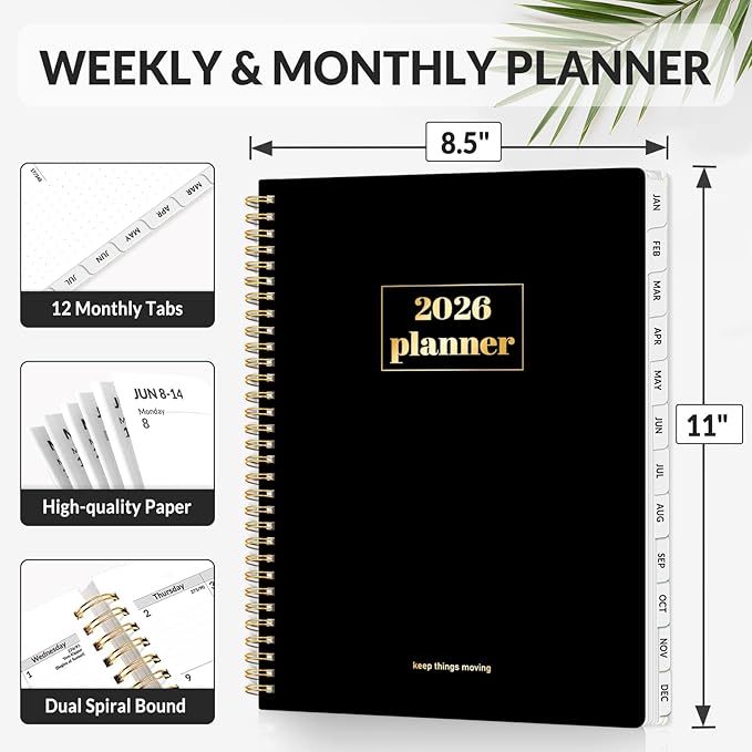 SUNEE Planner 2026 Weekly and Monthly, January 2026-December 2026, 8.5"x11", Tabs, Note Pages,Spiral Binding, Black