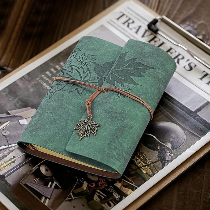 Leather Writing Journal Notebook,Classic Spiral Bound Notebook Refillable Diary Sketchbook Gifts with Unlined Travel Journals to Write in for Girls and Boys(Leaves,A6/Dark Green)