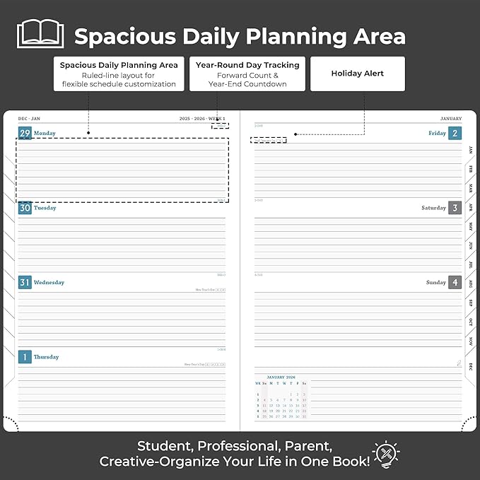 IN-LUXPRO Weekly Monthly 2026 Planner (Jan.26-Dec.26),11.5"x8.5",12 Months Agenda Plan with Month Tabs & Pocket,Expenses/Note Pages, Appointment Book Calendar with Hardcover Vegan Leather Cover,Black
