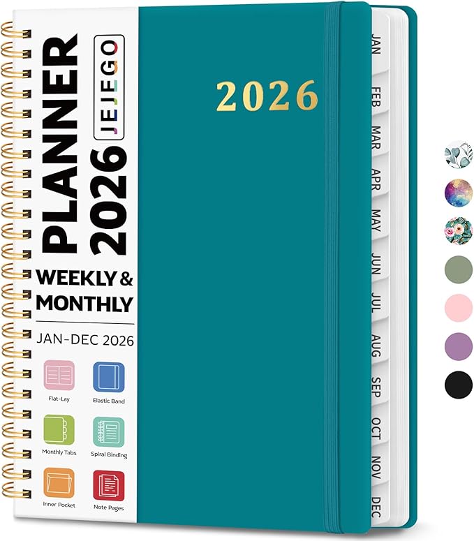 2026 Planner, Weekly and Monthly Calendar Planner Book, January 2026 - December 2026, Hardcover Spiral Planner with Monthly Tabs, Notes Pages, Perfect for Women & Men, A5 (6.4" x 8.5") - Turquoise