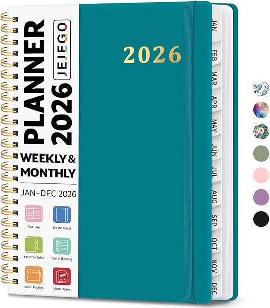 2026 Planner, Weekly and Monthly Calendar Planner Book, January 2026 - December 2026, Hardcover Spiral Planner with Monthly Tabs, Notes Pages, Perfect for Women & Men, A5 (6.4" x 8.5") - Turquoise