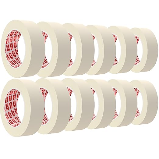 SWRT Masking Tape 1 inch x 55 Yards x 12 Rolls (660 Total Yards), Adhesive Painting Tape Bulk for General Purpose Beige White Color for Painting, Crafting, School Stationery, Arts, Home Use etc