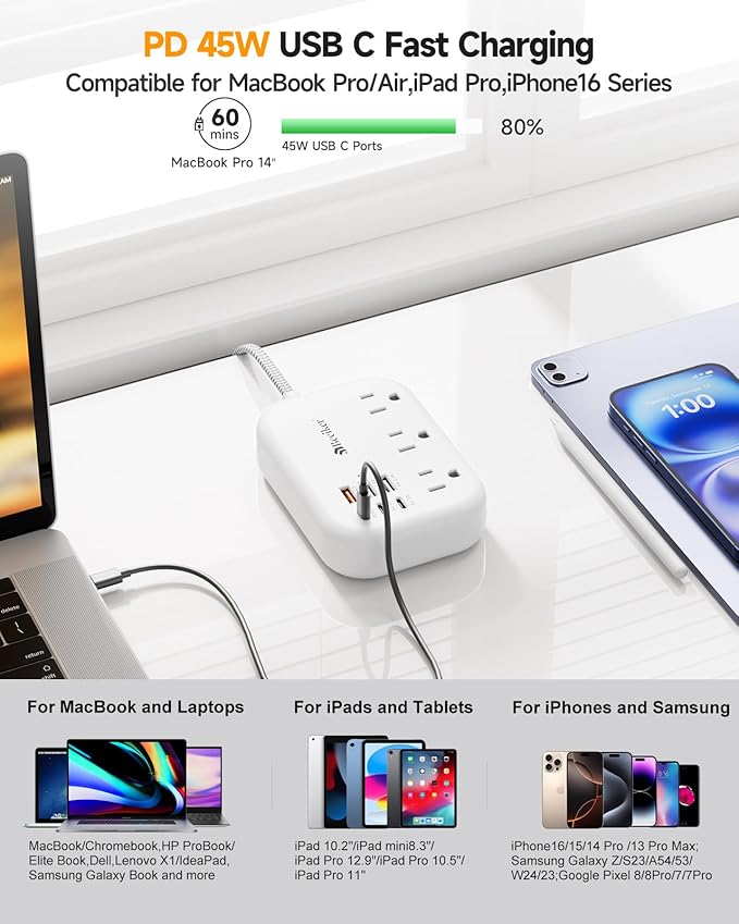 PD45W USB C Travel Power Strip, Cruise Power Strip with 6 USB(3 USB C) Ports and 3 Outlets, 5Ft Flat Plug Braided Extension Cord, 45W Fast Charging Station for MacBook Laptops iPad Pro iPhone Samsung
