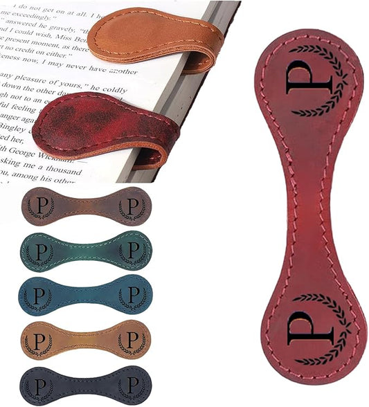 Personalized Magnetic Leather Bookmark, 26 Letters Custom Leather Bookmarks, Handmade, Leather Magnetic Bookmark for Book Lovers Readers Women Kid(Red，P）
