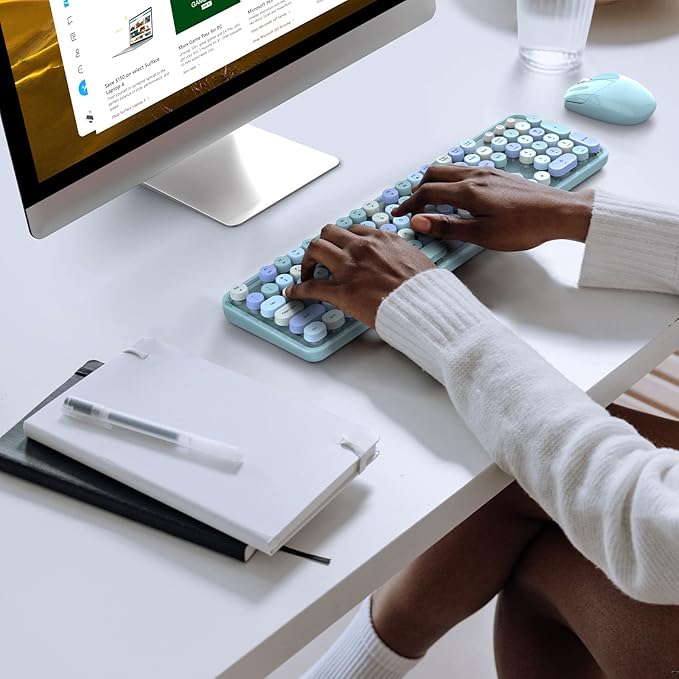 Wireless Keyboard and Mouse Combo, 104 Keys Full-Sized Typewriter Keyboards, 2.4 GHz USB Receiver Plug and Play, for Windows, PC, Laptop, Desktop (Blue Colorful)