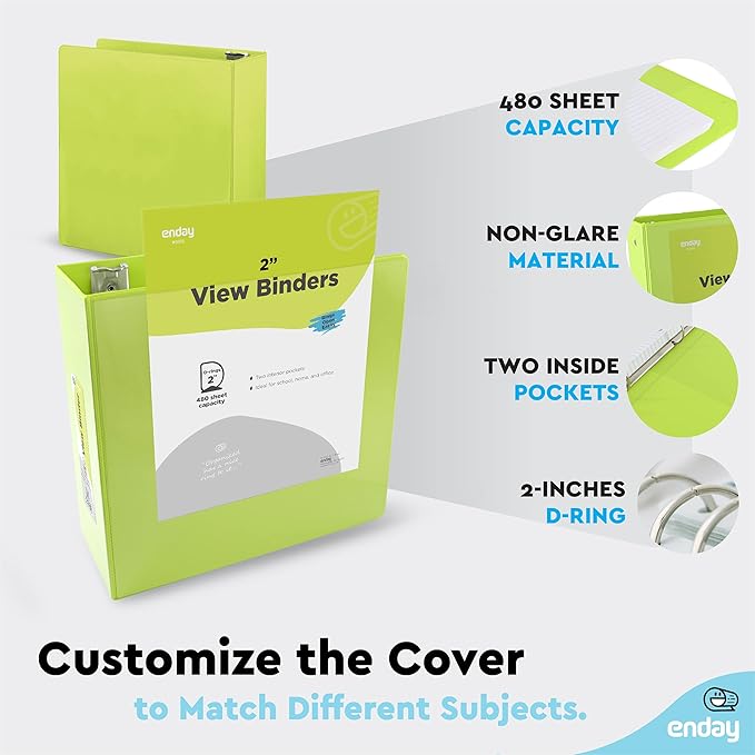 2 Inch 3 Ring Binder 2” Green, Slant D-Ring 2 in Binder Clear View Cover with 2 Inside Pockets, Heavy Duty Colored School Supplies Office and Home Binders – by Enday
