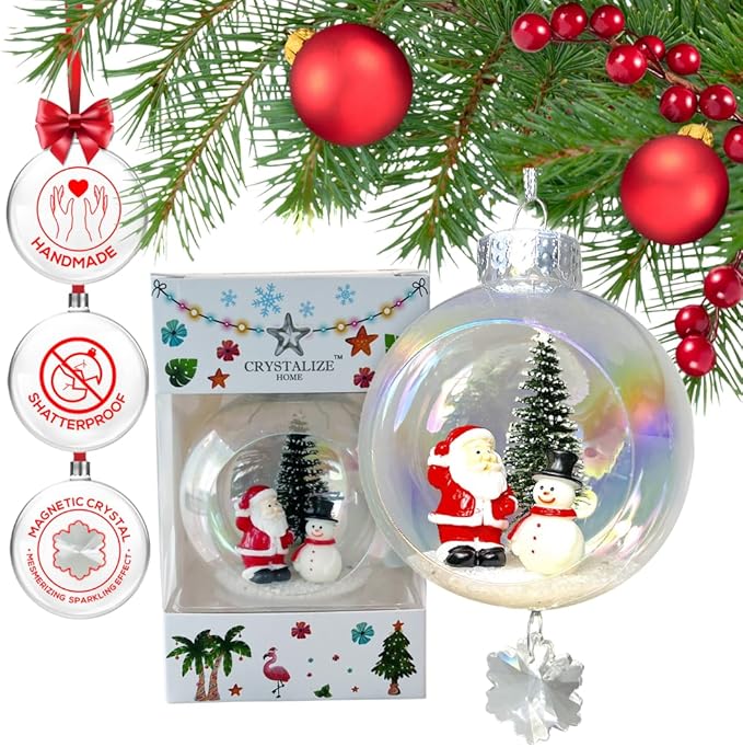 Snowman Christmas Ornament - Handmade Shatterproof Decorations for Indoor Outdoor Xmas Tree - Clear Ball Ornaments with Magnetic Crystal - Great Gift or Stocking Stuffer for Mom, Sister, Friend