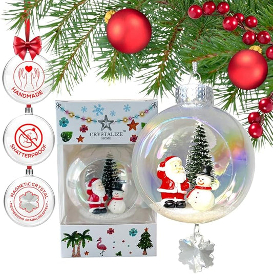 Snowman Christmas Ornament - Handmade Shatterproof Decorations for Indoor Outdoor Xmas Tree - Clear Ball Ornaments with Magnetic Crystal - Great Gift or Stocking Stuffer for Mom, Sister, Friend