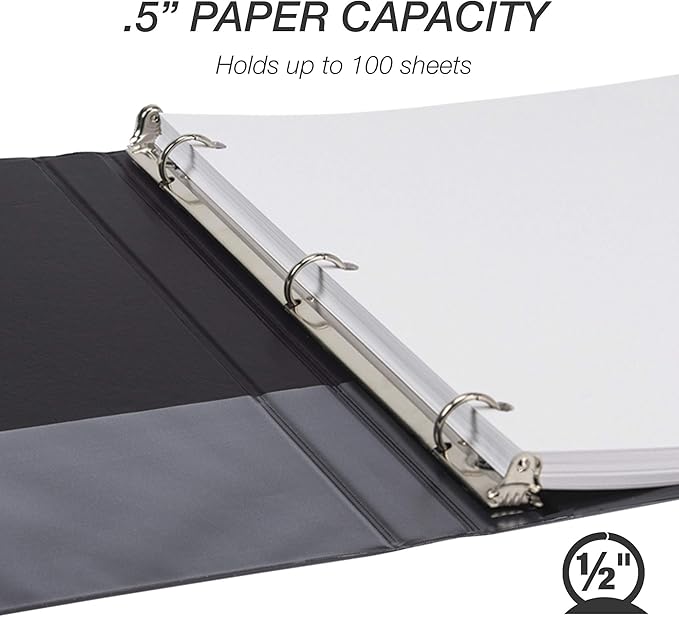 Samsill Durable .5 Inch Binder, Made in the USA, Round Ring Customizable Clear View Binder, Black, 24 Pack (MP248410)