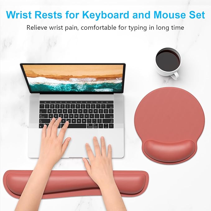 Dapesuom Keyboard Wrist Rest and Mouse Pad with Wrist Support, Memory Foam Cushion for Keyboard and Mouse Set, Ergonomic Desktop Pad Rests with Non Slip Base for Easy Typing & Pain Relief, Indian Red