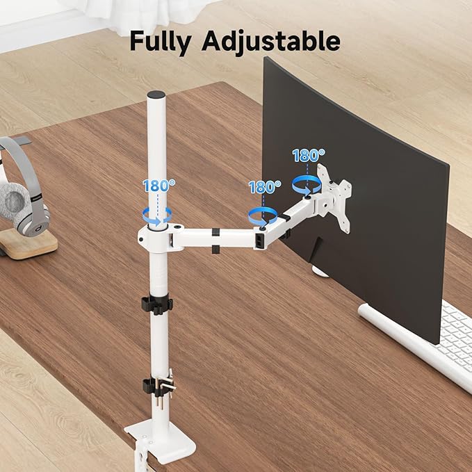 Suptek Single Monitor Arm Desk Mount Fully Adjustable Monitor Stand for 1 / One Screen up to 32 inch Extra Tall 31.5 inch Pole,White (MD6821W)