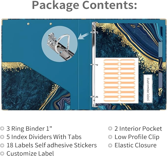 Ospelelf Binder with Clipboard 1 Inch, D Ring Binder for Letter Size (11" x 8.5") with Dividers, File Folder Labels, 3 Ring Binder with Storage for School and Office Supplies