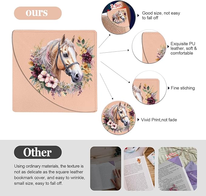 Horse Corner Bookmarks Kids 4 Pcs, Watercolor Flower Leather Book Accessories for Book Lovers, Cute Animal Reading Book Page Markers for Women Men Girls Boys School Student Teacher