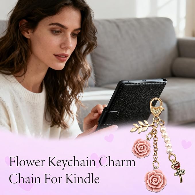 Rose Purse Charms Cute Flower Keychain With Heart Sticker Charm Chain For Kindle Colorful Bag Charms For Handbags