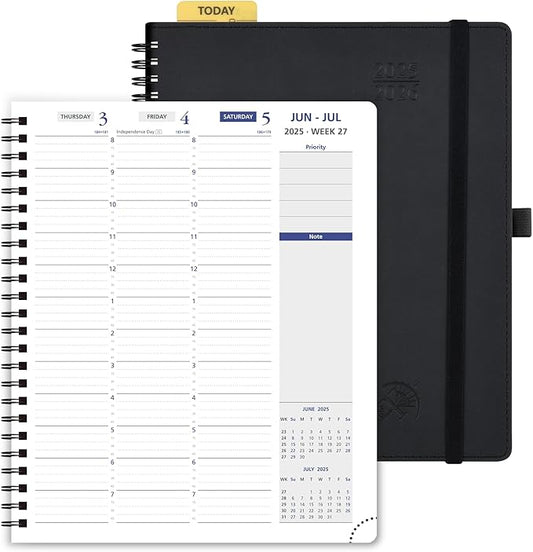 POPRUN 2025-2026 Weekly Planner 7.25'' x 8.25''Academic Spiral Appointment Book (July 2025-June 2026) with Quarter-Hourly Schedule, Monthly Tabs, Leather Softcover, Inner Pocket - Black