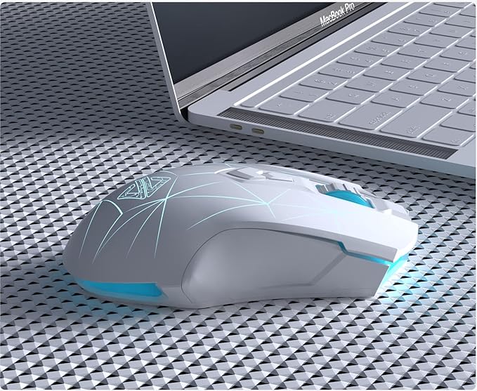 AJ52PRO Watcher 2.4G Wireless/ Bluetooth 5.0/ Wired Gaming Mouse, 10000 DPI, Programmable 7 Buttons, Ergonomic LED Backlit USB Gamer Mice Computer Laptop PC, for Windows Mac Linux OS, Star White