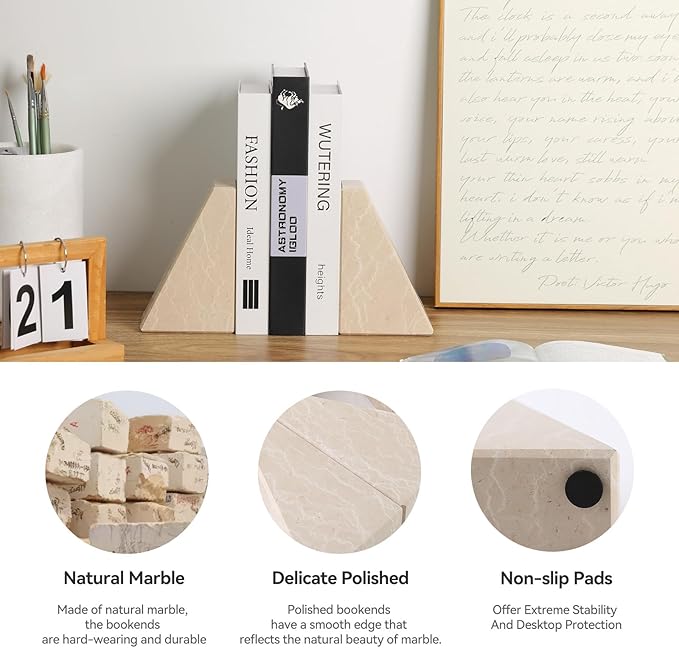 Marble Bookends for Heavy Books, Decorative Book Ends for Shelves, Durable and Heavy-Duty Stone Bookends for Hardback Book & CDS, Unique Book Stopper & Holder, New Jura Beige-Vein, Set of 2
