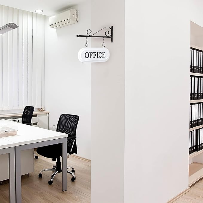 AuldHome Design Wall-Mounted Metal Office Sign, Farmhouse Enamelware 2-Sided Reception/Office Sign