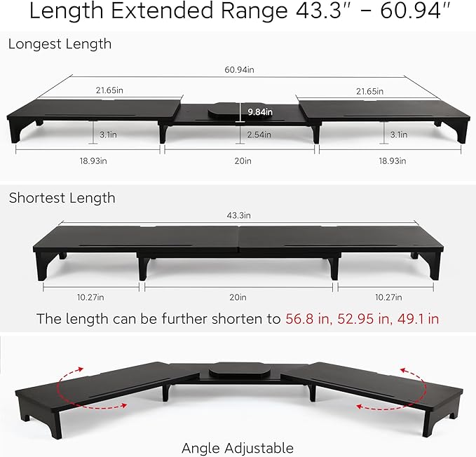 Nnewvante Monitor Stand Riser, 60 inch Large Bamboo Dual Monitor Stand for Desk, 3 Shelves Desktop Screen Riser with Adjustable Length Angle for Computer Laptop PC,Black