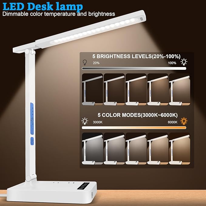 Smart Desk Lamp with Dual USB Charging (Type-C/USB-A) & 2 AC Outlets, Digital Clock, Temperature Display, 5 Color Modes, 5 Brightness, Adjustable - for Office, Bedroom, Dorm Room, Study