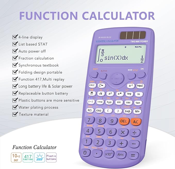 Scientific Calculators, IPepul Purple Math Calculator with 417 Function, Solar Battery Power and 4-Lines Display, School Supplies for Middle High College Students Teachers (Purple 991ES Plus)