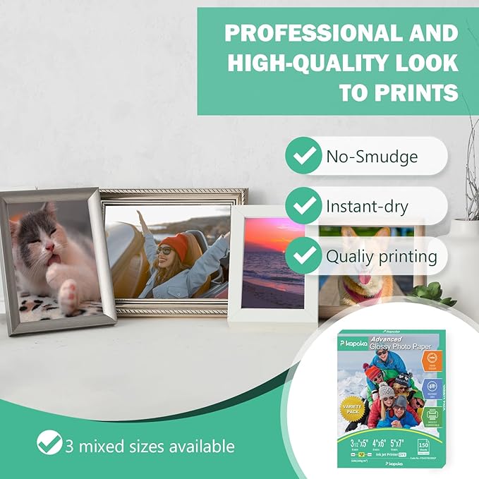 Glossy Photo Paper 3.5x5, 4x6, 5x7, Photo Printer Paper for Inkjet, 150 Bulk Variety Pack, Assorted Sizes, 52lb/200gsm (P3545YW200GP)