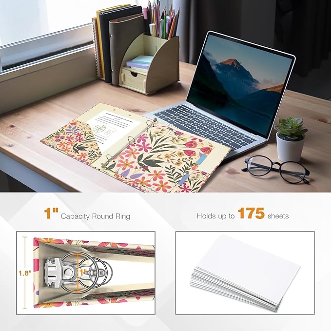 Ospelelf 3 Ring Floral Binder with Dividers, 1 inch Rings, 1.6 inch Spine, for Letter Size (11" x 8.5") Paper, Clipboard Organizer, for School and Office Supplies