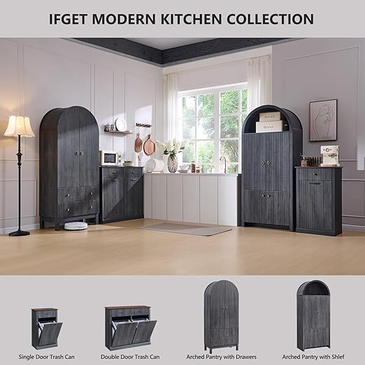 Modern Tilt-Out Trash Can Cabinet, 10 Gallon Fluted Laundry Hamper Cabinet with Drawers, Wooden Hidden Garbage Can Cabinets with Storage Basket, Free Standing for Kitchen and Living Room, Grey