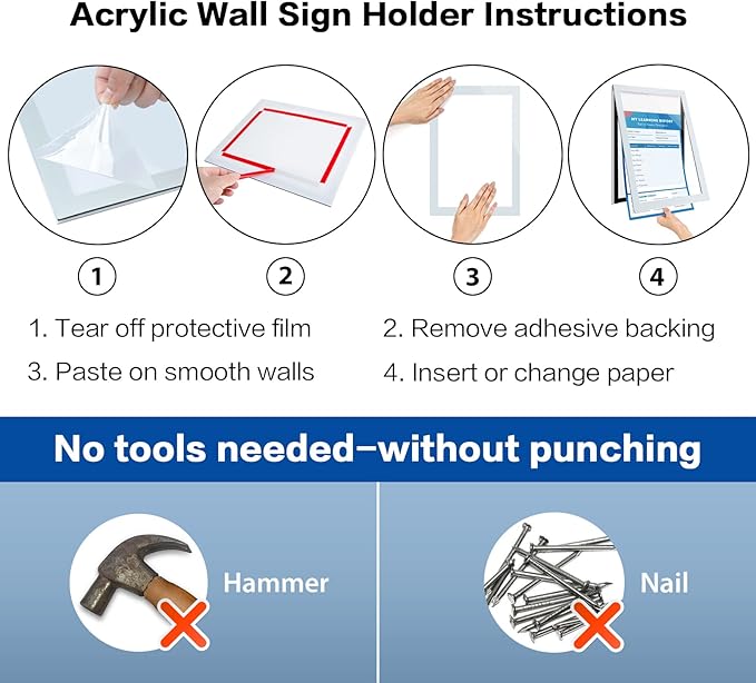 Acrylic Sign Holder 8.5" x 11" Wall Mount, Self Adhesive Magnetic Display Frame with Nano Tape, Plastic Clear Document Frame for Office, Store, School, Home, Wall Picture Frame (Silver, 3Pack)