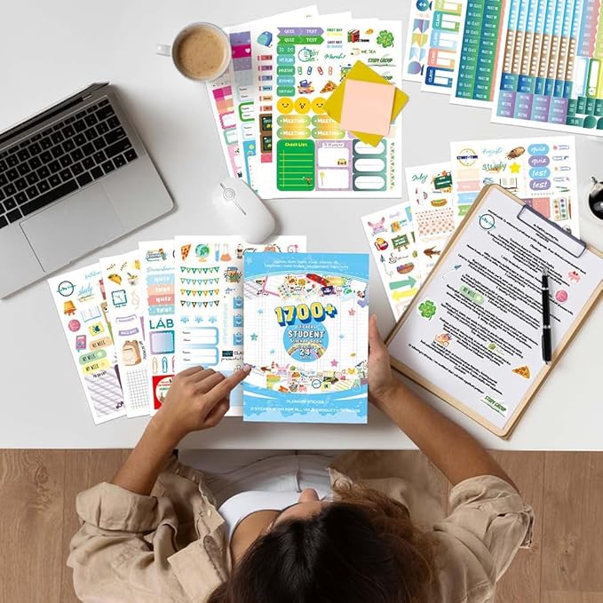 1700+ Planner Stickers Book, 24 Sheets Waterproof Repositionable Stickers for Journal, Bullet Planner, Scrapbook & Calendar, Functional Decorative Sticker Set & Gift (Student Theme)