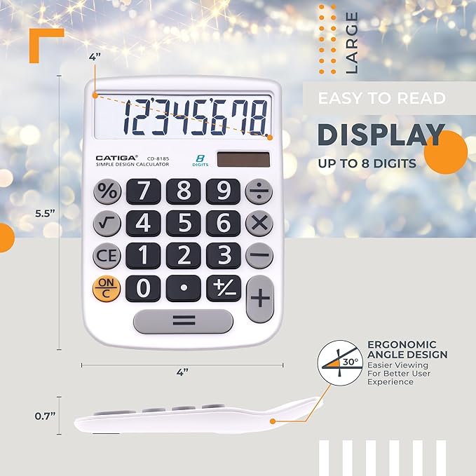 CATIGA Desktop Calculator 8 Digit with Solar Power and Easy to Read LCD Display, Big Buttons, for Home, Office, School, Class and Business, 4 Function Small Basic Calculators for Desk, CD-8185