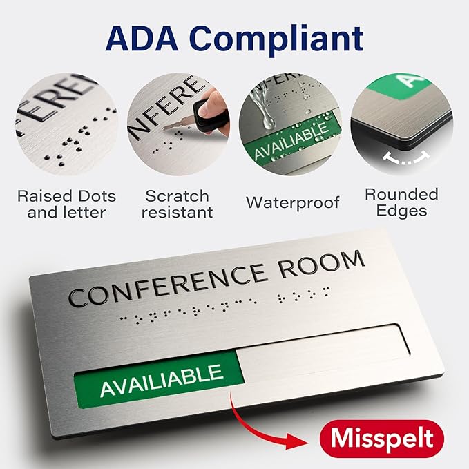 Conference Room Office Door Signs Do Not Disturb, In Use/Available Slider Sign with Raised Text & Grade 2 Braille, Conference Vacant Occupied Sign Brushed Aluminum/Silver