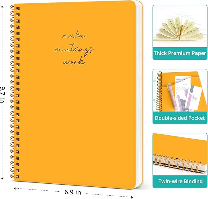 Taja Meeting Notebook for Work Organization - Work notebook with action items, Meeting Minutes Planner Notebook, Perfect Office Supplies for Men & Women - Yellow