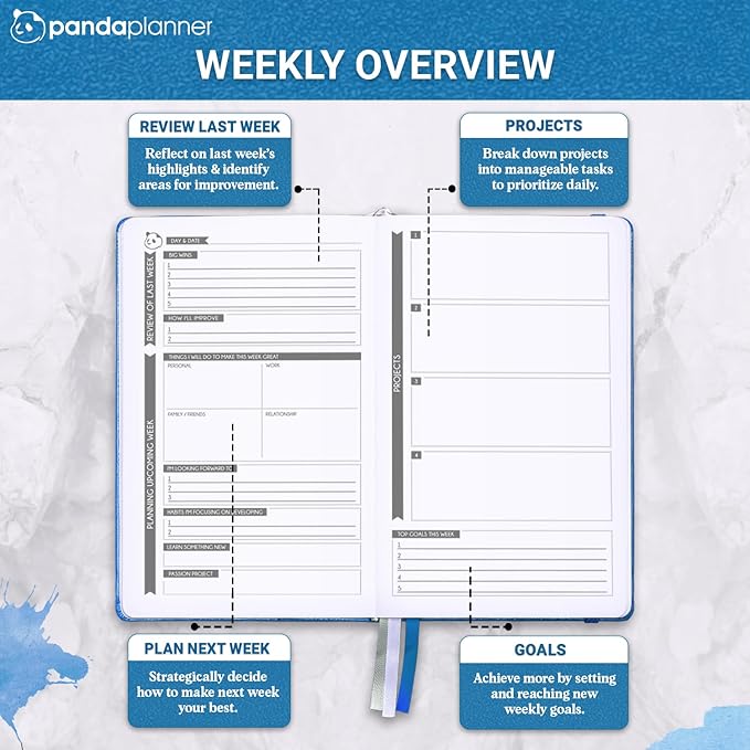 Panda Planner Classic A5 Daily Planner 2026 – Undated Daily & Quarterly Planner with Hourly Schedule, Productivity Calendar, To Do List, Goal Planner, Habit Tracker & Gratitude Journal for Home or Office – Blue