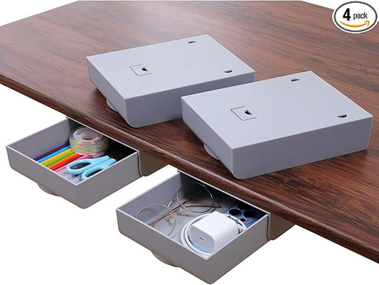 4 Pack Under Desk Drawer Self-Adhesive Desktop Storage Organizer, Hidden Attachable Slide Out Desk Drawer, Under Table Tray for Pencil Pen Stationery Office Organization, Gray