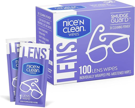 Nice 'n Clean SmudgeGuard Lens Cleaning Wipes (100 Total Wipes) | Pre-Moistened Individually Wrapped Wipes | Non-Scratching & Non-Streaking | Safe for Eyeglasses, Goggles, & Camera Lens