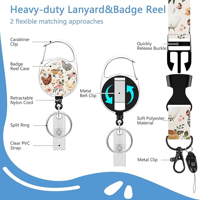 Floral Chickens Lanyard for Id Holder,Cute Rooster Badge Holder with Retractable Lanyard,ID Holder with Badge Reel Clips,Animal Keychain Name Tag ID Card Holder Teacher Women
