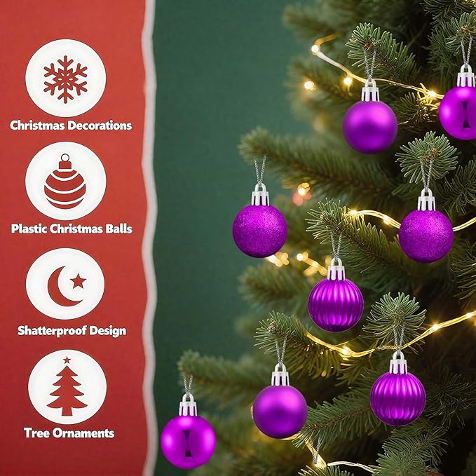 Set of 24 Small Purple Christmas Ornaments Balls for Christmas Tree, 1.2 inch Mini Purple Ornaments for Mini Tree, Plastic Shatterproof Hanging Bulbs Xmas Valentine Party Indoor Outdoor Decorations