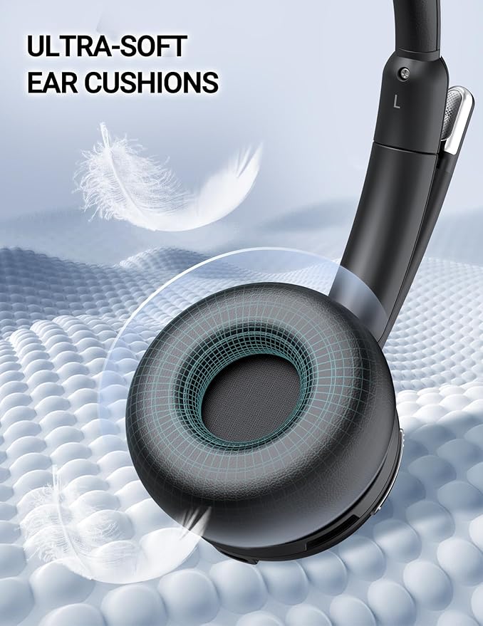 Wireless Headset with Mic for Work, Bluetooth 5.3 Headsets with Microphone and Detachable Earpads, 50H Playtime with Charging Base, Noise Cancelling Headphones for Work with Mic Mute