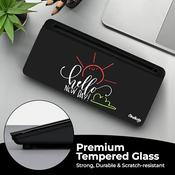 Chalkola Black Glass Desktop Whiteboard with Storage - Dry Erase Board, Work Desk Organizers, Computer Keyboard Stand, Home Office Desk Accessories, Workspace Desktop Buddy + 3 Markers