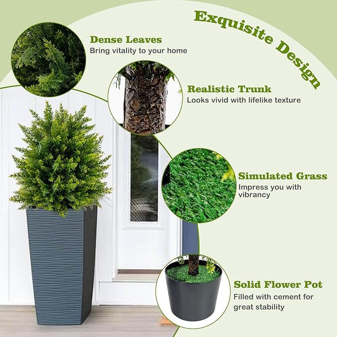 Goplus 21.5” Artificial Cedar Topiary Ball Tree, Set of 2 Faux Potted Plants Artificial Shrubs Bushes with Cement Pot, Fake Evergreen Artificial Topiary for Indoor Outdoor Home Front Porch Decor