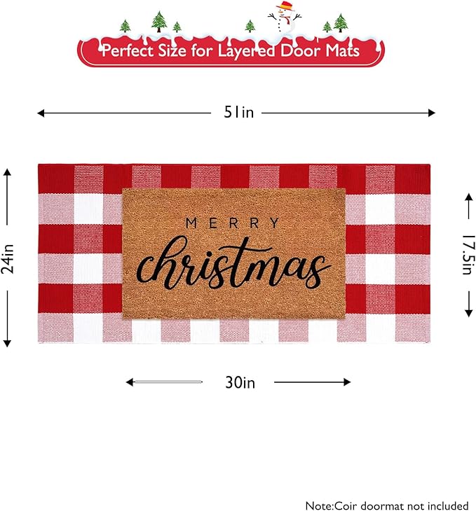 Christmas Front Door Mat 24"x51", Red/White Buffalo Plaid Outdoor Rug Runner, Cotton Hand Woven Washable Front Door Rug, Reversible Layered Rugs for Entryway Porch Decor Home Entrance