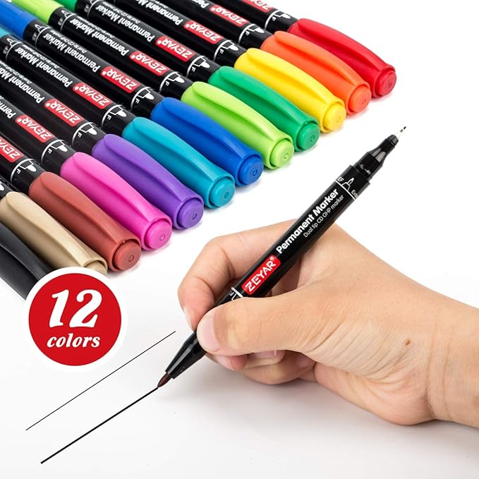 ZEYAR Twin Tip Permanent Markers, CD/DVD Markers, 12 Color, Ultra Fine Point and Fine Point for Signature and Marking (12 Colors)