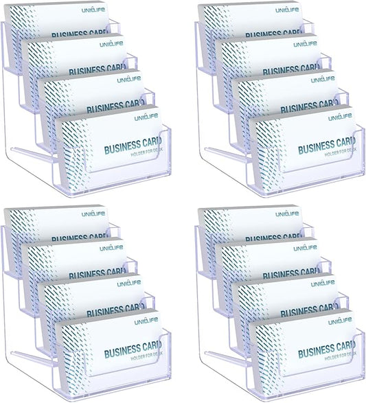 Uniclife 4 Pack Acrylic Business Card Holder for Desk 4 Slots Clear Business Card Display Stand for Men & Women Desktop Business Card Organizer Card Stand for Office Home Exhibition, 240 Card Capacity