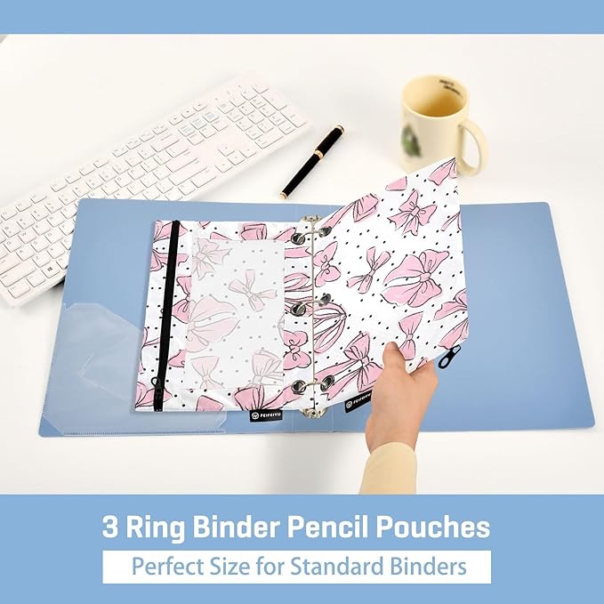 Cute Bows Pink Pencil Pouch for 3 Ring Binder, 2 Pack Waterproof Pencil Bags Clear Window Zipper School Office Supplies